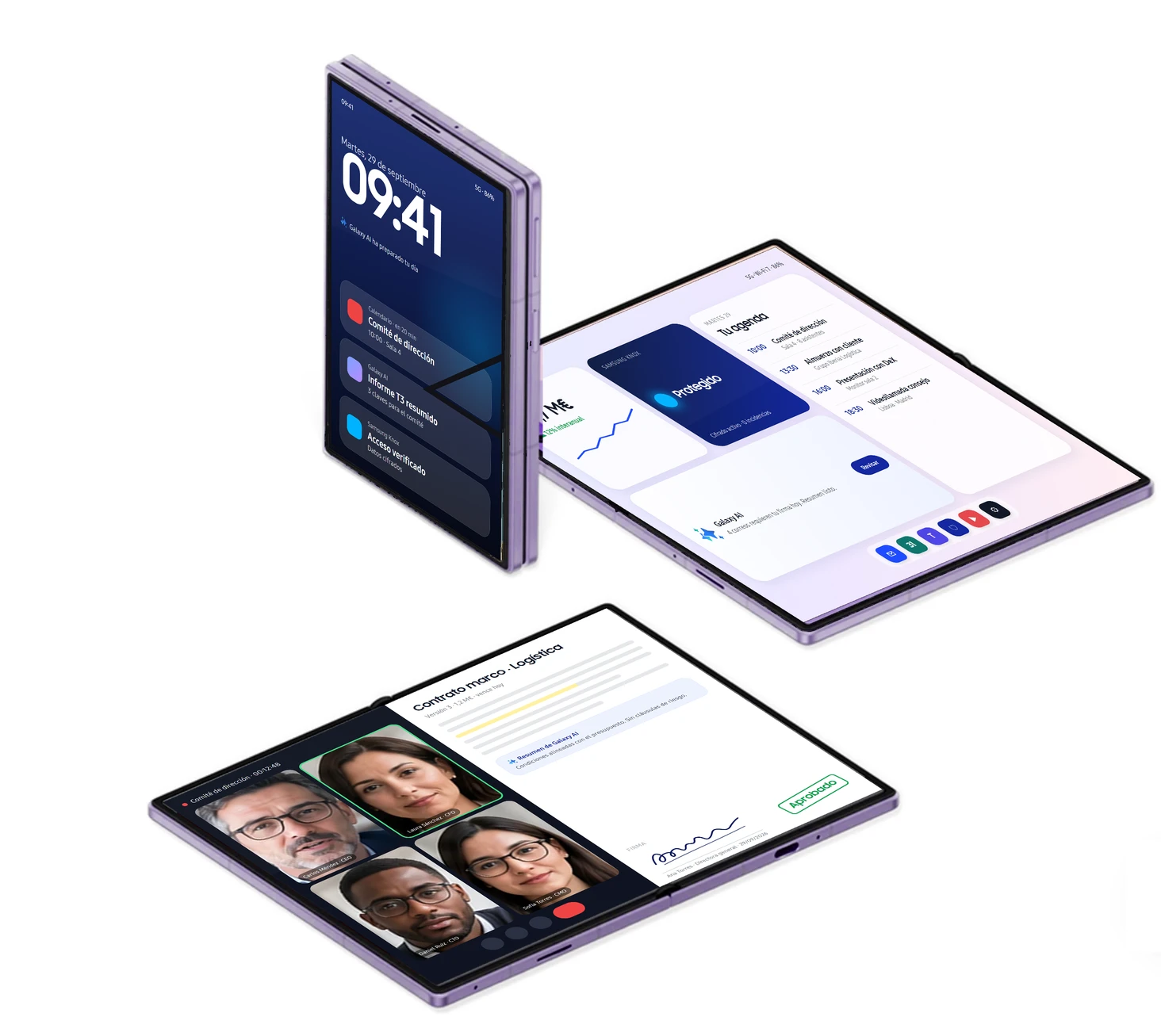 Tres Galaxy Z Fold8: cerrado con la agenda y avisos de Galaxy AI, abierto con el inicio de empresa y abierto con la videollamada del comité y un contrato aprobado